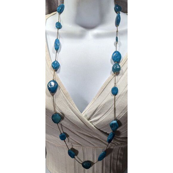 Swirly Blue Faux Stone Station Necklace On Gold Tone Chain - Picture 2 of 5